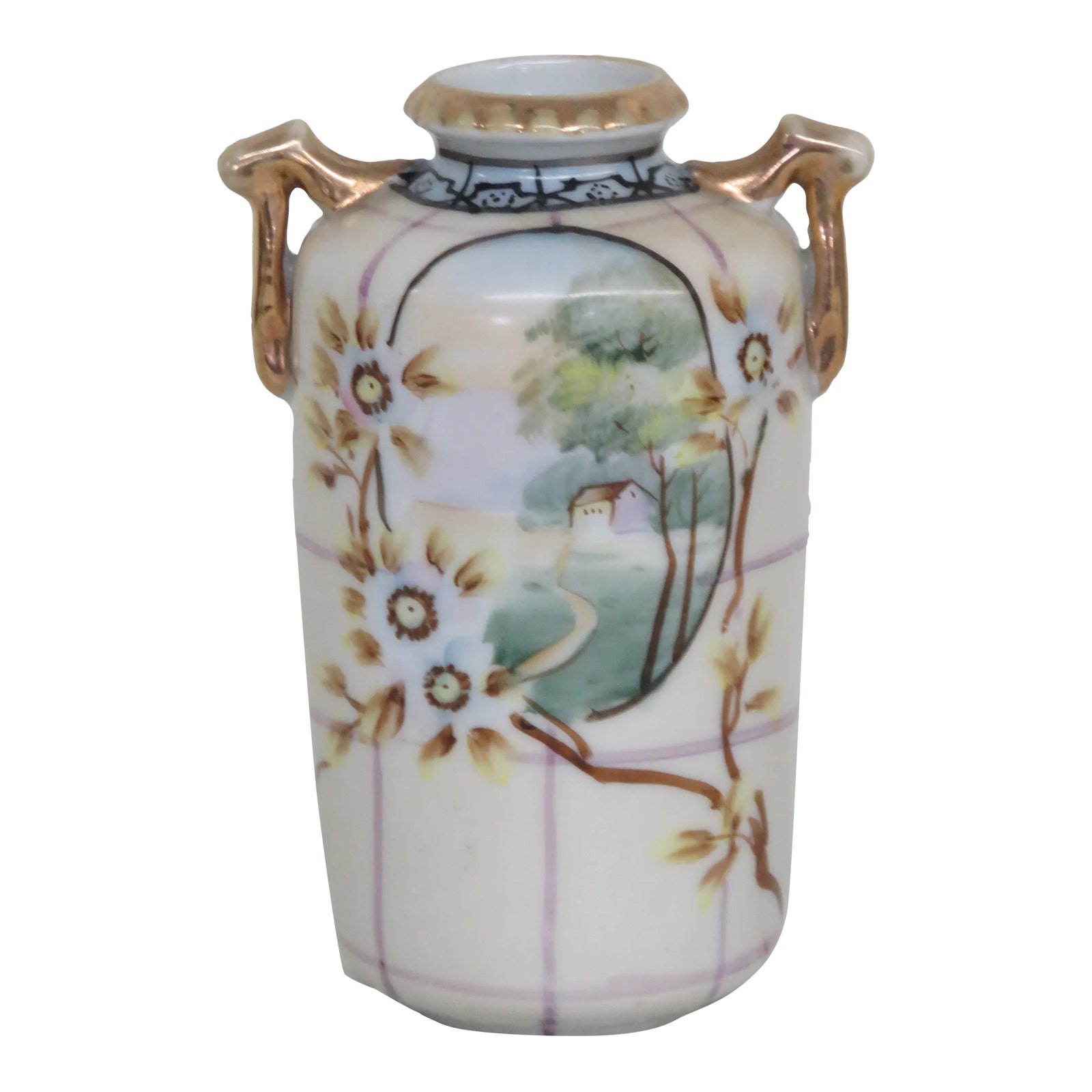 Nippon Hand Painted Landscape Scene Vase With Two Gilded Handles | Chairish