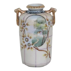 Nippon Hand Painted Landscape Scene Vase With Two Gilded Handles