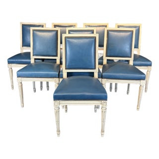 French Louis XVI White Painted Blue Leather Dining Chairs -Set of 8 For Sale