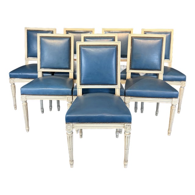 French Louis XVI White Painted Blue Leather Dining Chairs -Set of 8 For Sale