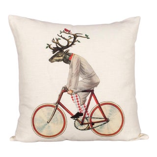 Reindeer on Bicycle Linen Pillow For Sale