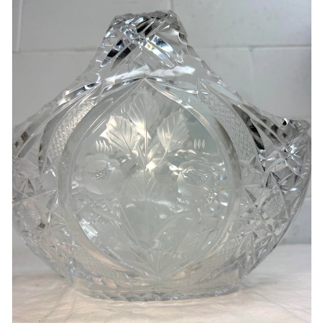 Large Vintage Hand Cut Clear Crystal Glass Flower Basket Centerpiece Bowl For Sale In New York - Image 6 of 13