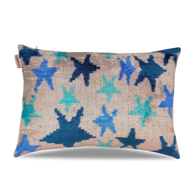 Contemporary Velvet Blue Star Throw Pillow With Down Insert For Sale - Image 4 of 13