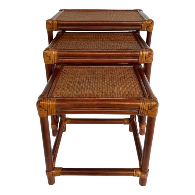 Late 20th Century McGuire Manner Rattan Nesting Tables For Sale