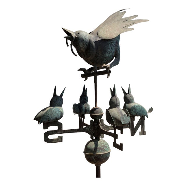 Early 20th Century Italian Weathervane in Three-Dimensional Copper with Birds and Original Patina For Sale