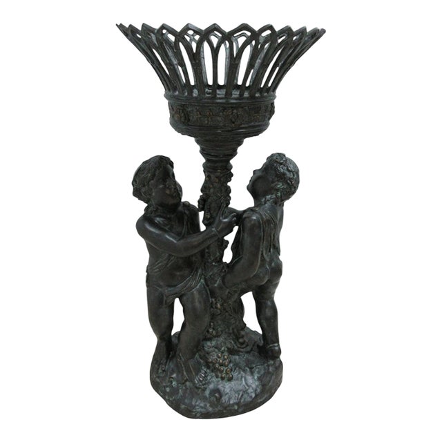 Vintage Bronze Frolicking Boys Statue Italian Regency French Urn Planter For Sale