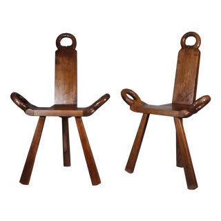 Mid-Century Modern Brutalist Tripod Chairs with Hand Carved Details, 1950s, Set of 2 For Sale