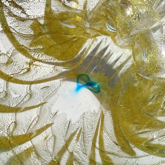 Vintage Murano Barovier Toso Blue Rim Gold Flecks Ribbed Surface Italian Art Glass Seashell Sculptural Bowl For Sale - Image 10 of 10