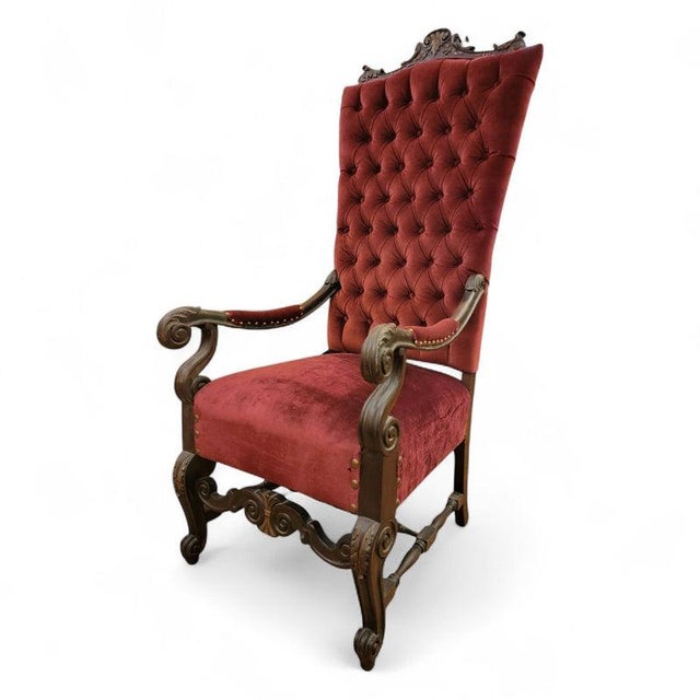 Antique Victorian Carved Ornate Oversized Tufted Back Throne Chair Newly Reupholstered in a Burgundy Velvet with Nailheads...