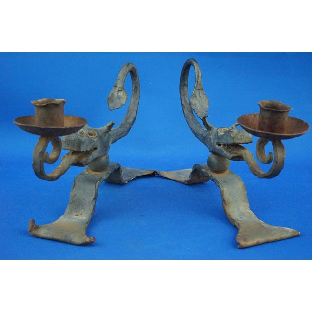 Metal 19th Century Art Nouveau Wrought Iron Candelabra with Dragons from A. Mazzucotelli School, Italy, 1920s, Set of 2 For Sale - Image 7 of 18