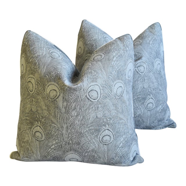 Peacock Feather Linen Feather Down Pillows 21 Square Pair