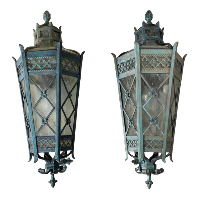 1980s Large Pair of Handcrafted Wall-Mounted Solid Brass Lanterns / Sconces For Sale