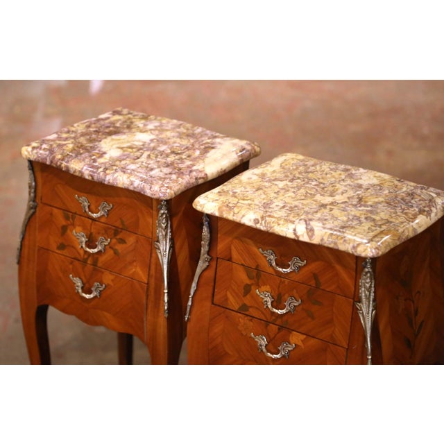 French Pair Mid-Century French Louis XV Marquetry Bedside Tables With Marble Tops For Sale - Image 3 of 11