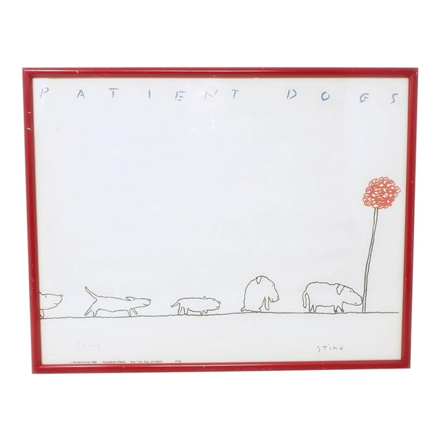 Vintage 1986 Richard Stine Signed Print Framed 14" X 11" - Patient Dogs - Waiting in Line For Sale