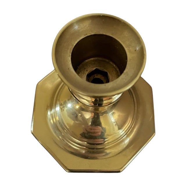 Shabby Chic 2 Vintage Midcentury Baldwin Polished Brass Candlesticks/Holders Octagon Base 3.5" For Sale - Image 3 of 5