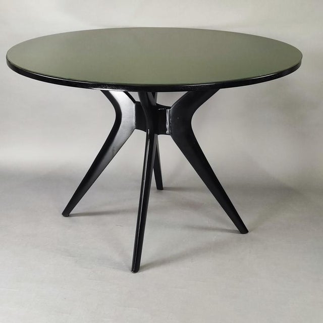 Black Italian Round Black Lacquered Table with Olive Green Glass Top, 1950s For Sale - Image 8 of 8
