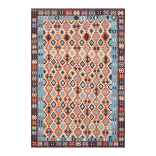 1990s Shabby Chic Kilim Beige Blue Wool Rug - 6'8" X 9'5" For Sale