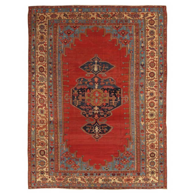 Antique Bakshaish Carpet, Oriental Persian Handmade in Ivory, Blue and Red For Sale - Image 18 of 18