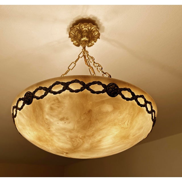 French Art Deco Alabaster and Bronze Pendant Light, 1930s For Sale - Image 13 of 18