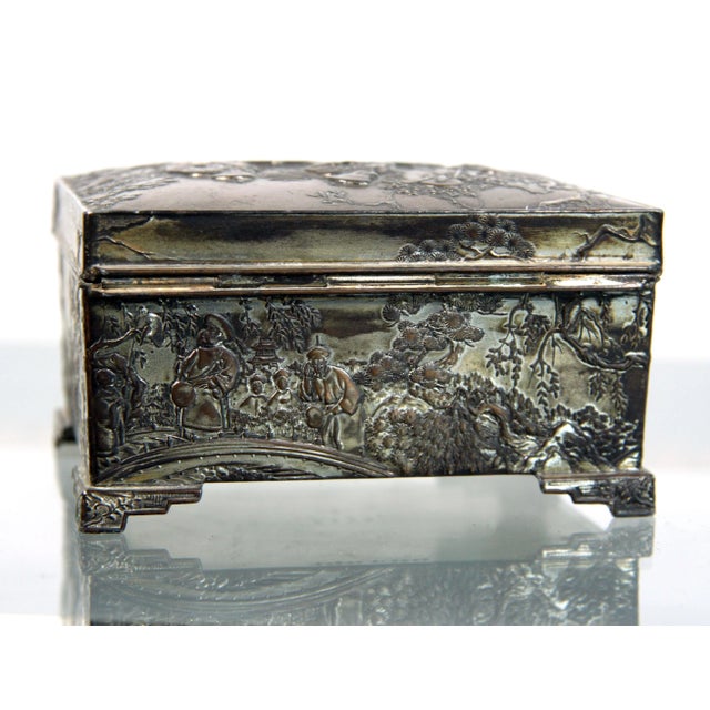 銅蟲 煙草入れ(木箱あり)1956年製：Old Copper box：Japan Antique Silvered Copper Japanese Cigarette Box with Pagoda