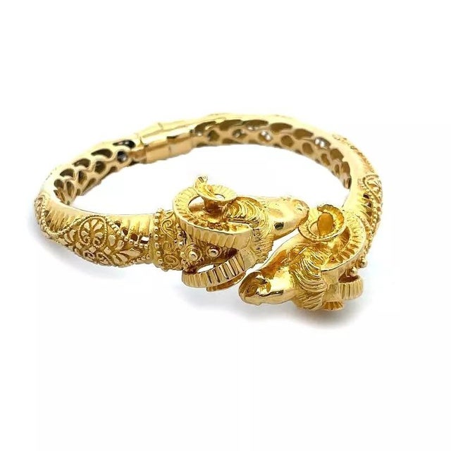 Metal Etruscan 18k Gold Flex Bracelet Revival Double Rams Head Hinged Band For Sale - Image 7 of 8