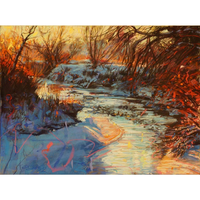 This artwork captures a serene winter landscape, where the interplay of warm hues against a cold backdrop creates a...