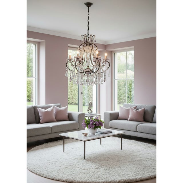 Elegant and decorative, this vintage chandelier from the 1960s showcases a refined interplay of crystal and softly tinted...