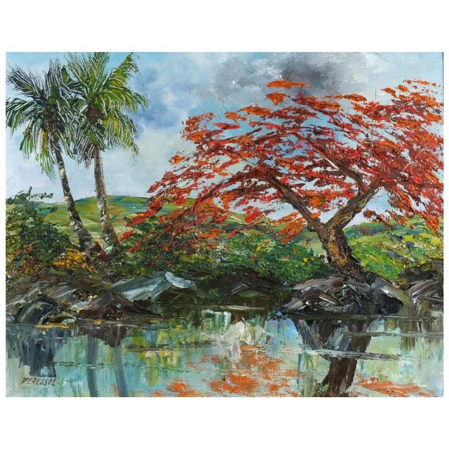 This oil on canvas painting by a Venezuelan artist captures the serene beauty of a tranquil lakeside scene, where nature...