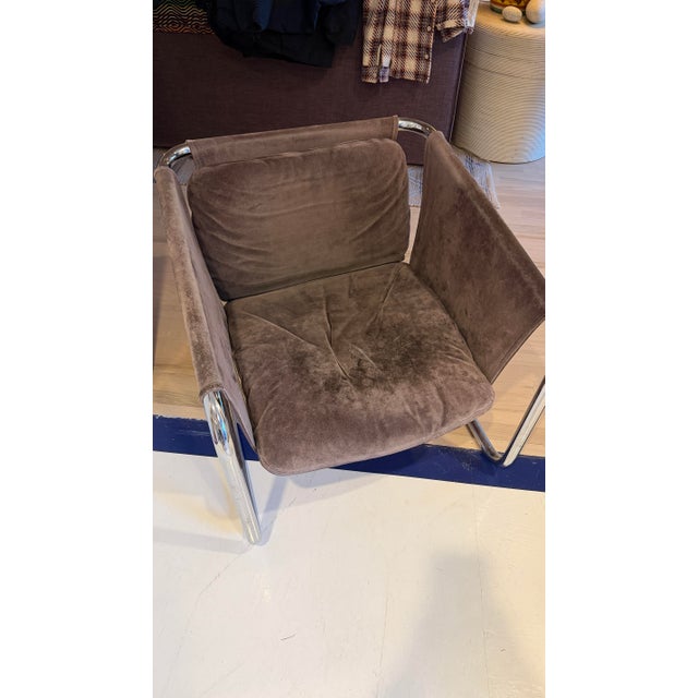 Vintage Chrome Cantilever / Sling Grey Leather Lounge Chair — Late 20th Century For Sale In New York - Image 6 of 8