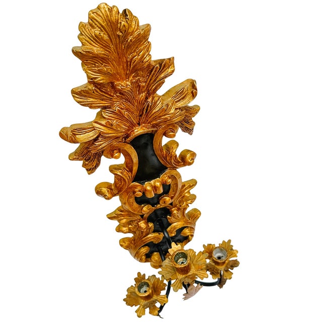 Large Vintage Italian Neoclassical Style Giltwood & Tole 3-Arm Wall Sconce Candelabra For Sale - Image 9 of 16