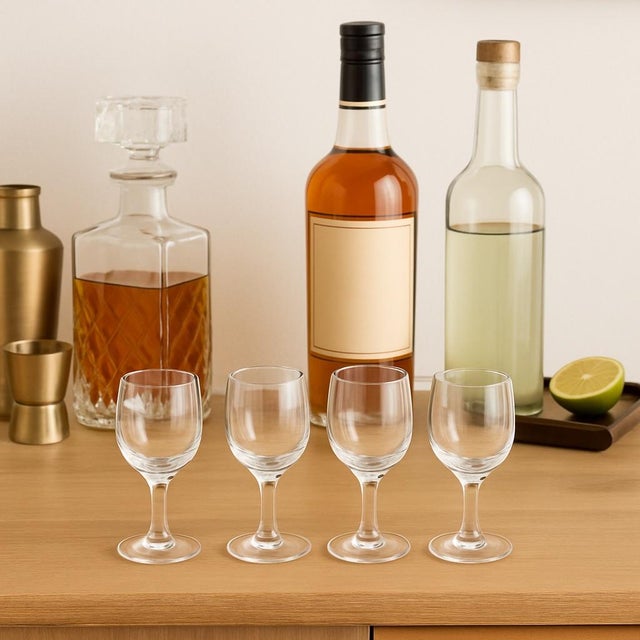A timeless set of four vintage cordial glasses, perfect for serving liqueurs, dessert wines, or aperitifs in classic...