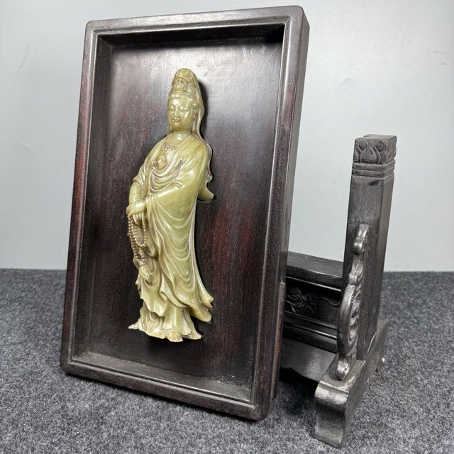 1970s 1970s Zitan Wood Table Screen With Carved Jade Guanyin (Goddess of Mercy) Inlay For Sale - Image 5 of 9