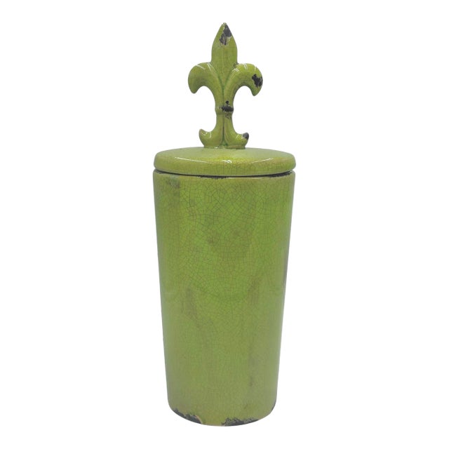 Large Crackle Glaze Chartreuse Fleur-De-Lis Lidded Jar For Sale