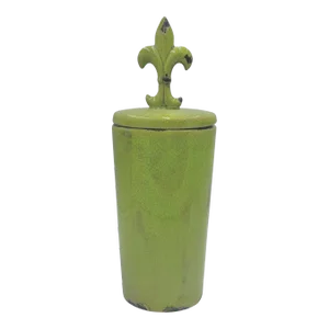 Large Crackle Glaze Chartreuse Fleur-De-Lis Lidded Jar