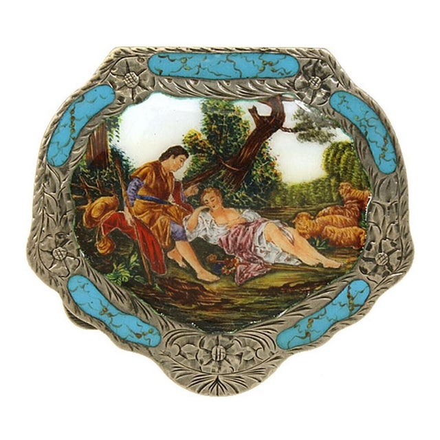 Antique Silver 800 Hand Painted Porcelain Powder Compact Shepherd Scene For Sale
