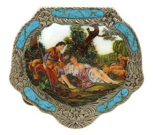 Antique Silver 800 Hand Painted Porcelain Powder Compact Shepherd Scene