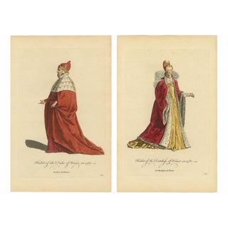 European School, Duke and Duchess of Venice Costume, 1581, Engraving, Set of 2 For Sale