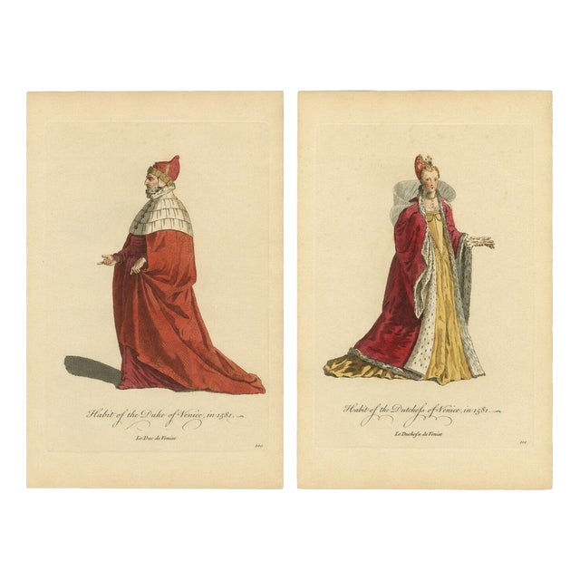 European School, Duke and Duchess of Venice Costume, 1581, Engraving, Set of 2 For Sale