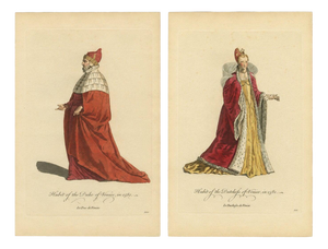 European School, Duke and Duchess of Venice Costume, 1581, Engraving, Set of 2