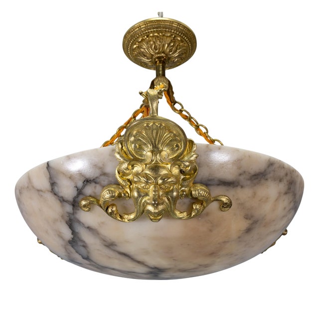 French Neoclassical Style Alabaster and Bronze Pendant Chandelier, 1920 For Sale
