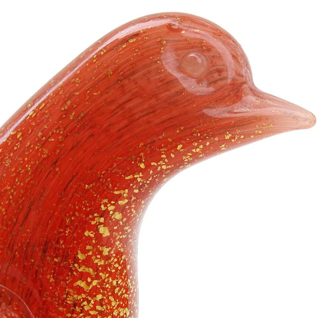 Beautiful vintage Murano hand blown orange, white and gold flecks Italian art glass bird with flower sculpture /...