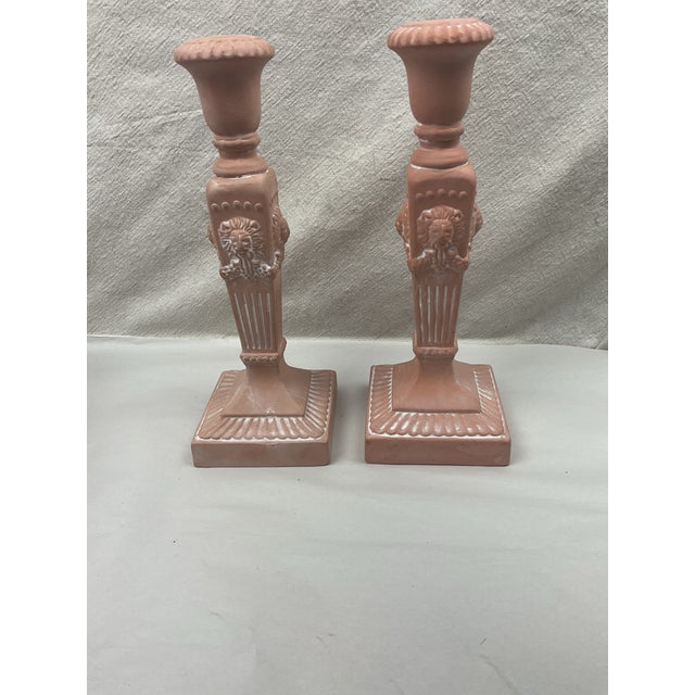 Contemporary Pair of Vintage Terra Cotta Candleholders With Lion Decoration For Sale - Image 3 of 7
