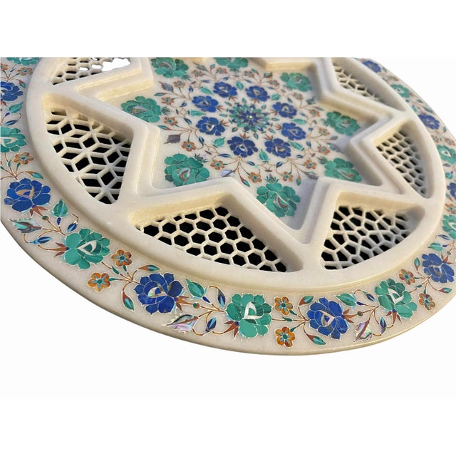 Gemstone Pietra Dura Carved Stone With Multi Gemstone Floral Inlay Mosaic Plate For Sale - Image 7 of 11