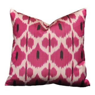 Magenta & Black Ikat Silk Geometric Down-Filled Square Pillow For Sale