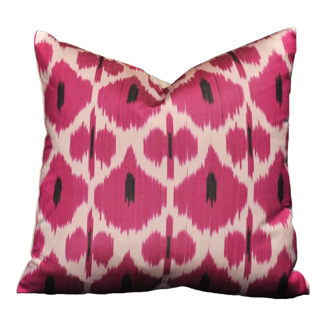 Magenta & Black Ikat Silk Geometric Down-Filled Square Pillow For Sale