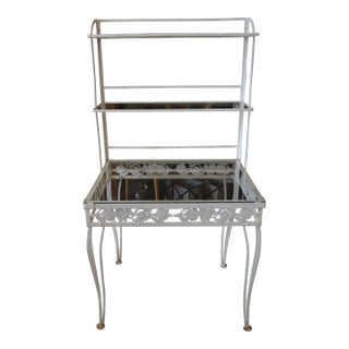 Vintage White Ornate Iron & Metal Table W/ Shelves - Bakers Rack or Patio Plant Stand For Sale