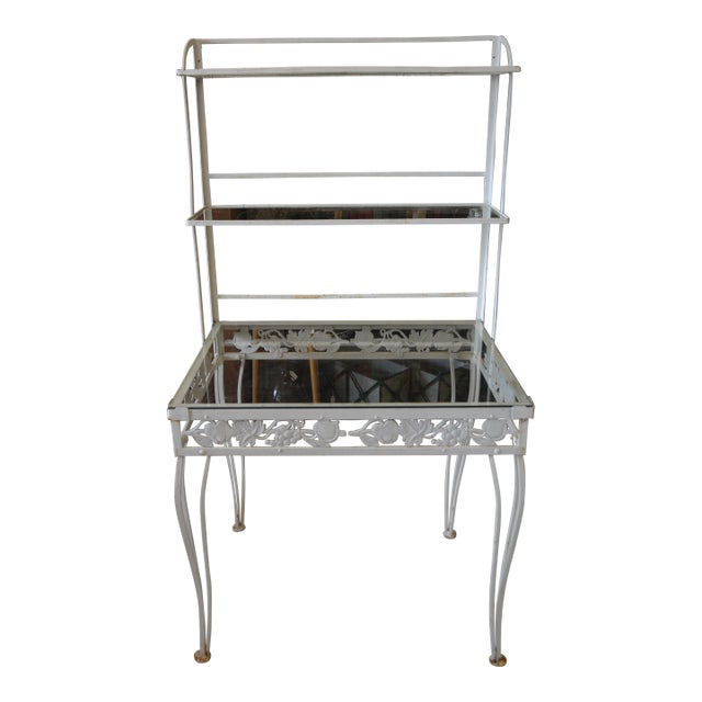 Vintage White Ornate Iron & Metal Table W/ Shelves - Bakers Rack or Patio Plant Stand For Sale