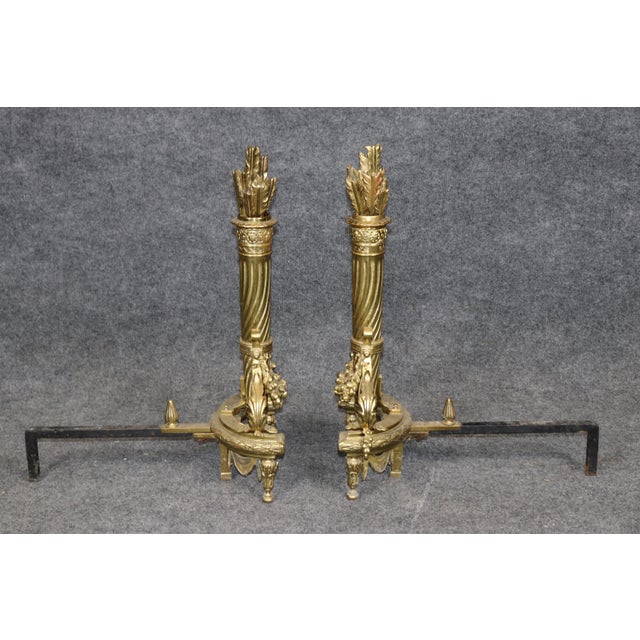 Late 19th Century Pair Louis XVI Style Brass Fireplace Andirons Chenets For Sale - Image 5 of 9