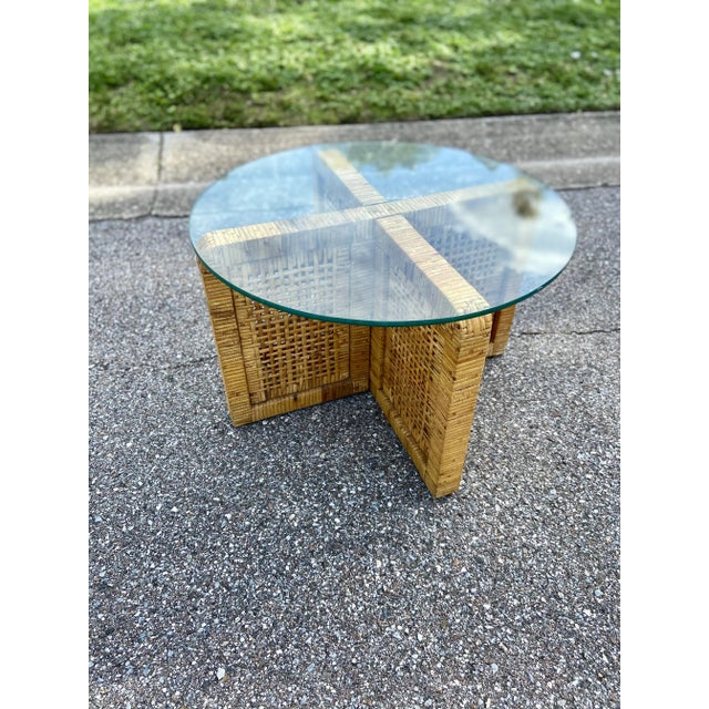 Boho Petite Side Table or Coffee Table | Interlocking Rattan Block Base With Glass Top For Sale - Image 11 of 12