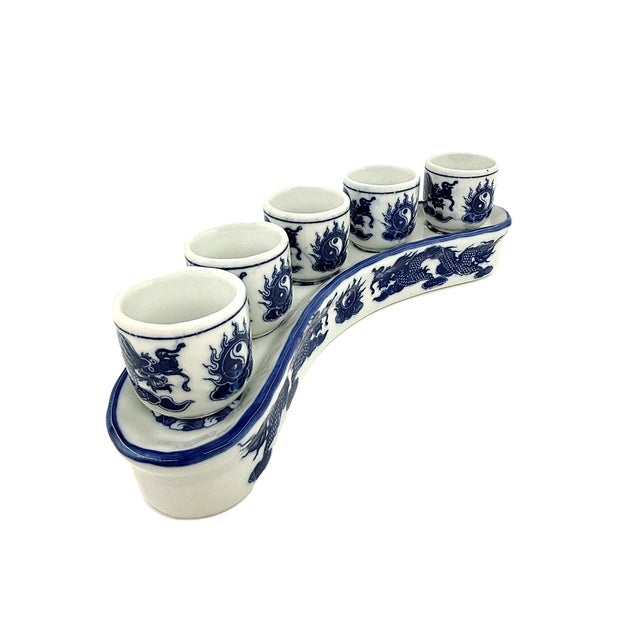 2020s Asian Moder Bat Trang Vietnam Ceramic Blue & White Dragon Shot Set Hand Painted in a Yin Yang Chinoiserie Motif - Set of 6 For Sale - Image 5 of 9